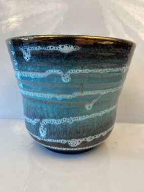 Handcrafted Blue Ceramic Planter with White Drip Glaze West Germany